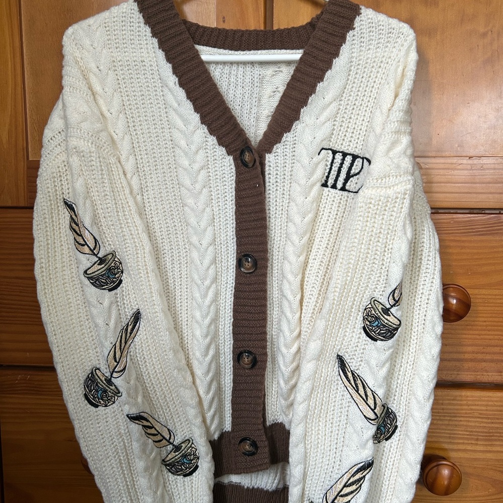 The Tortured Poet’s Department TTPD Taylor Swift-Cream Cardigan with Brown Trim